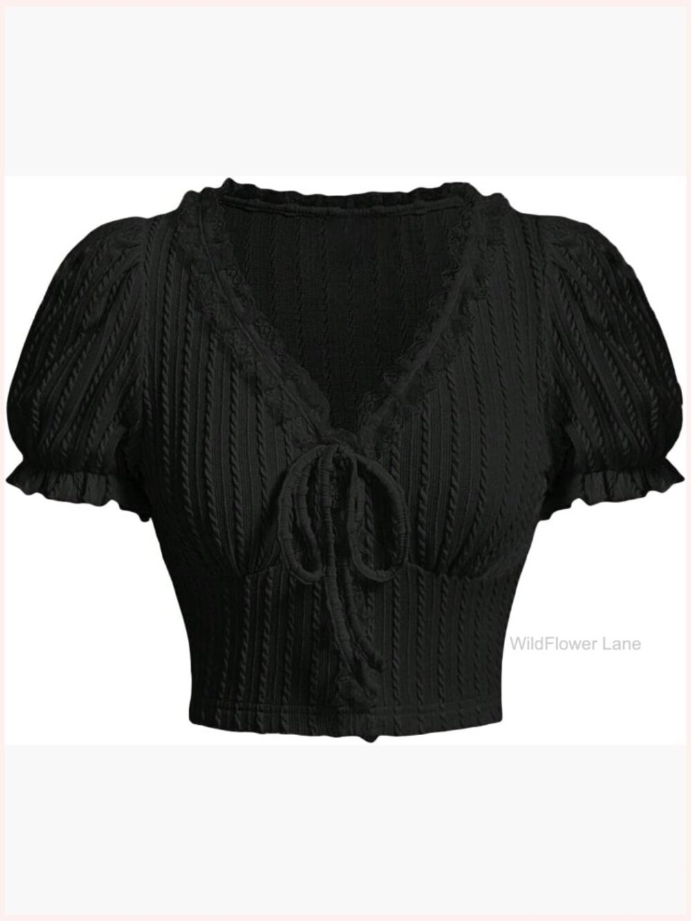 Knot Front Lace Trim Puff Sleeve V Neck Crop Top